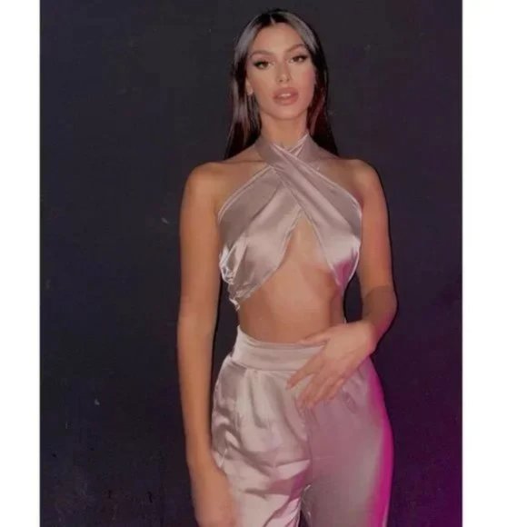 Nude Satin Silk Halter Neck Crop Top and High Waist Wide Leg Pants Two Piece Set - Picture 14 of 17